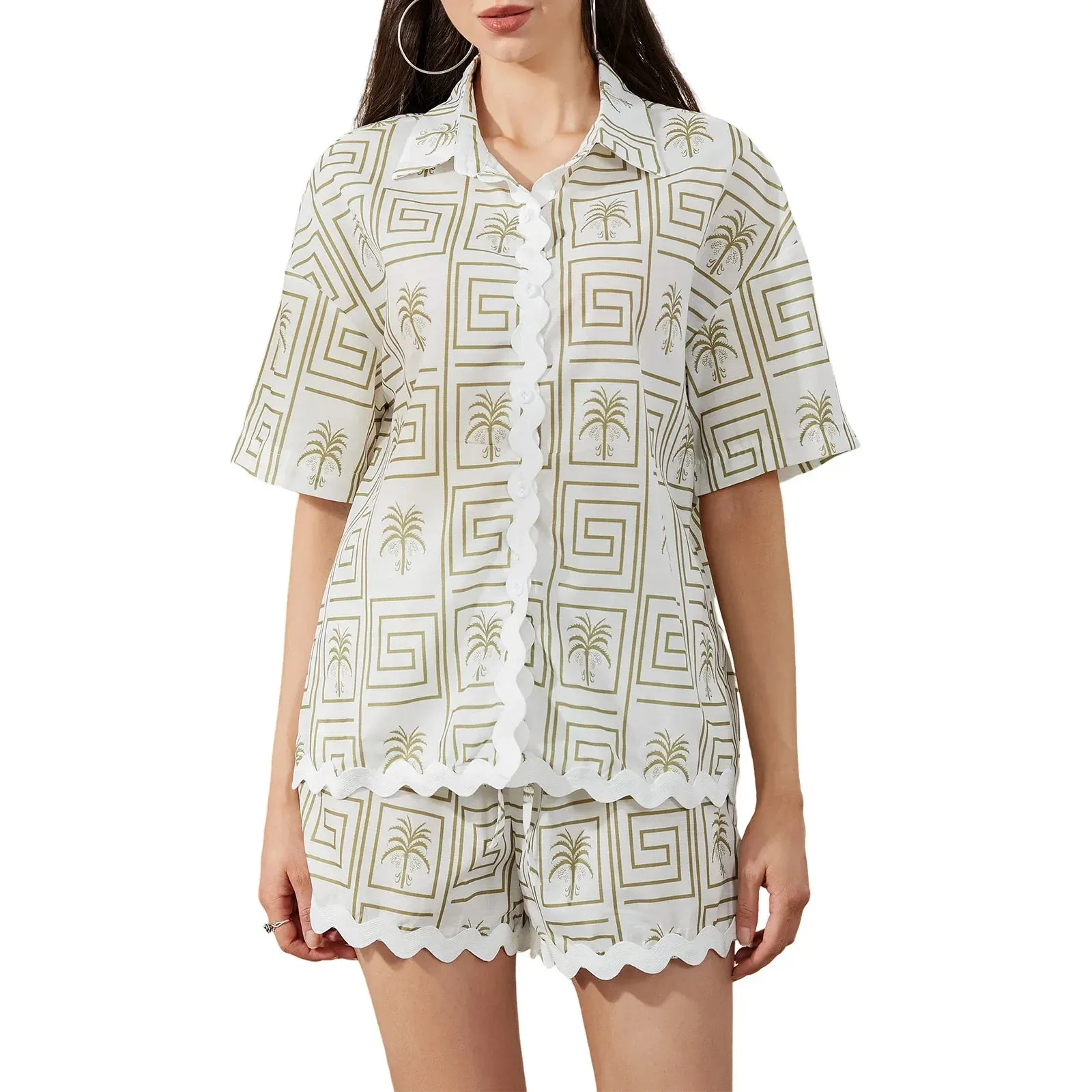 Short Sleeve Geometric Print Button Up Loose Shorts Loungewear Casual Pajamas