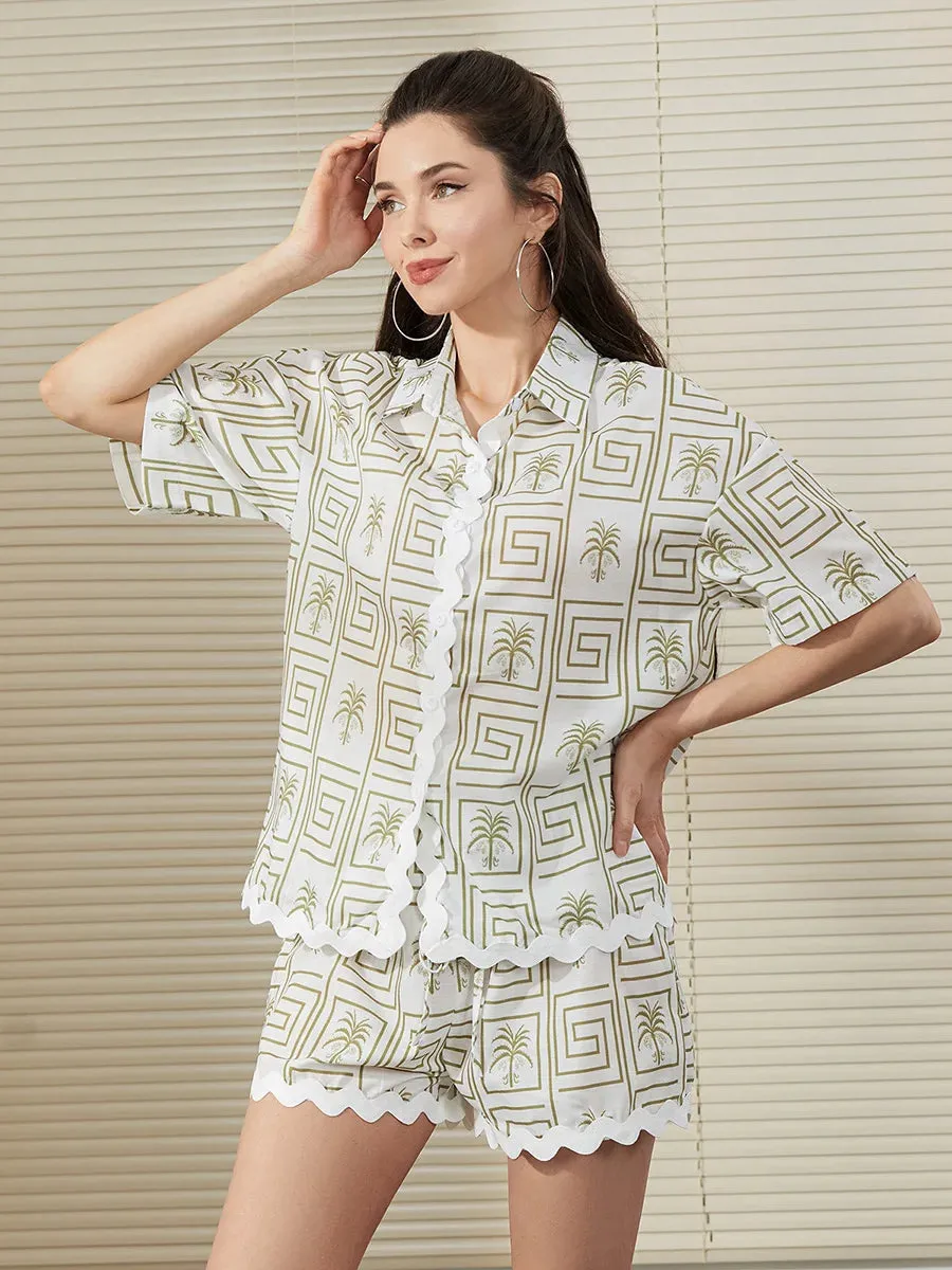 Short Sleeve Geometric Print Button Up Loose Shorts Loungewear Casual Pajamas