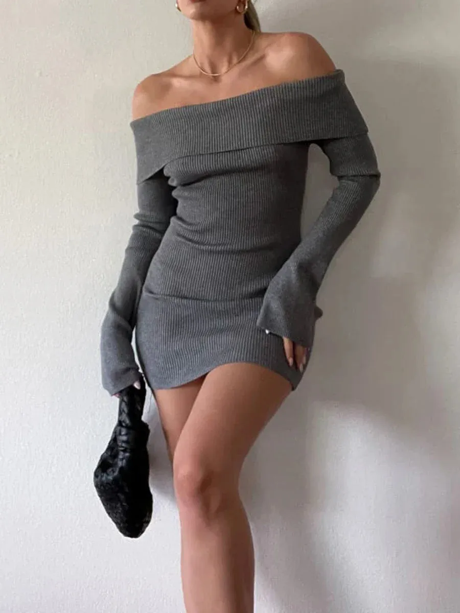 Shoulder Knitted Mini Y2k Gray Long Sleeve Bodycon Short Streetwear Casual Off Dress