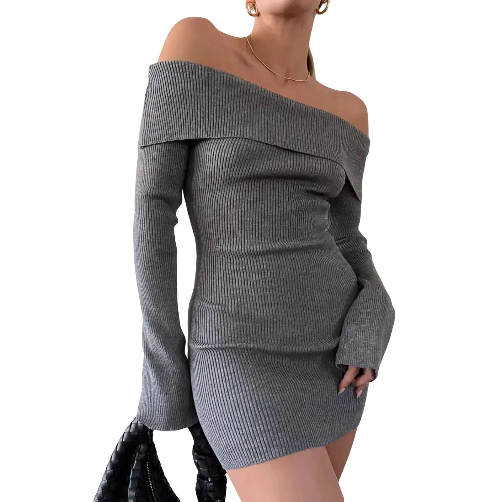 Shoulder Knitted Mini Y2k Gray Long Sleeve Bodycon Short Streetwear Casual Off Dress