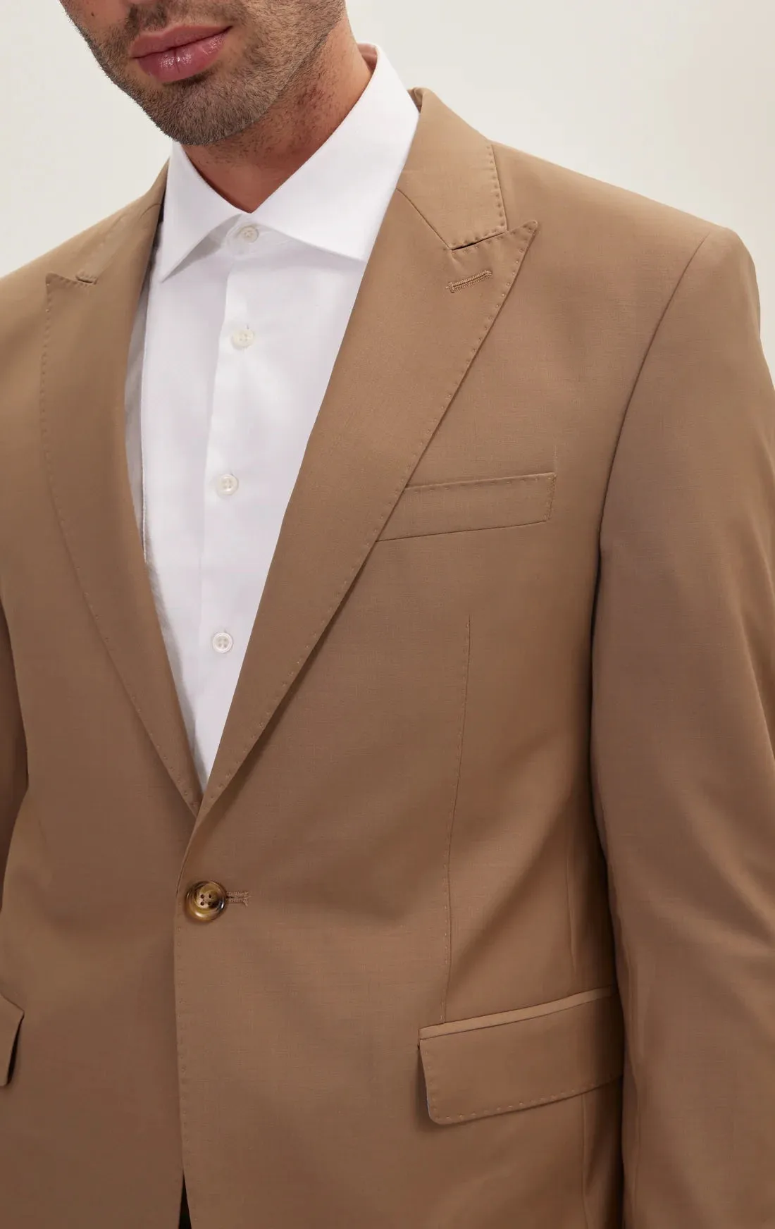 Single Breasted Peak Lapel Merino Suit - Khaki