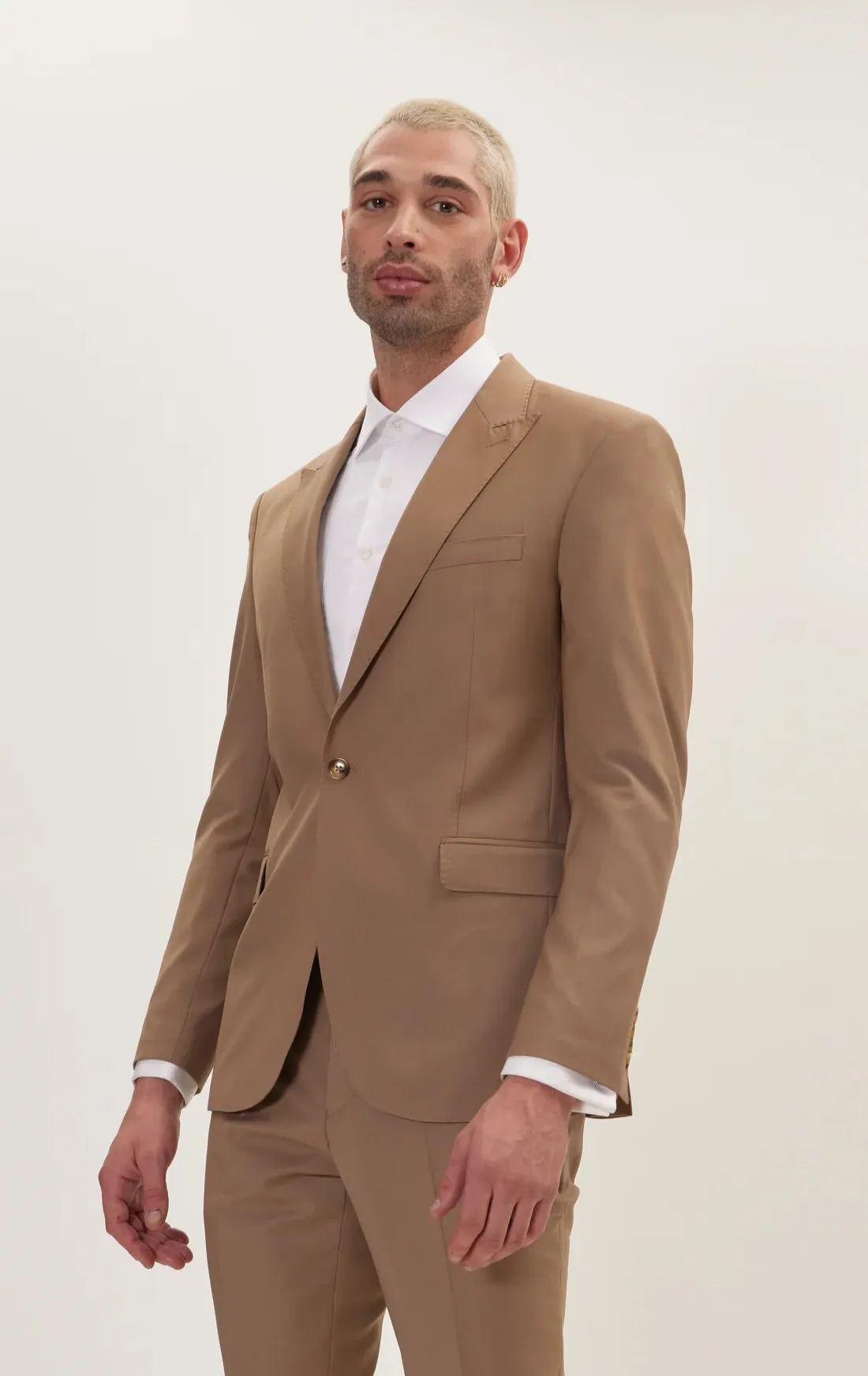 Single Breasted Peak Lapel Merino Suit - Khaki