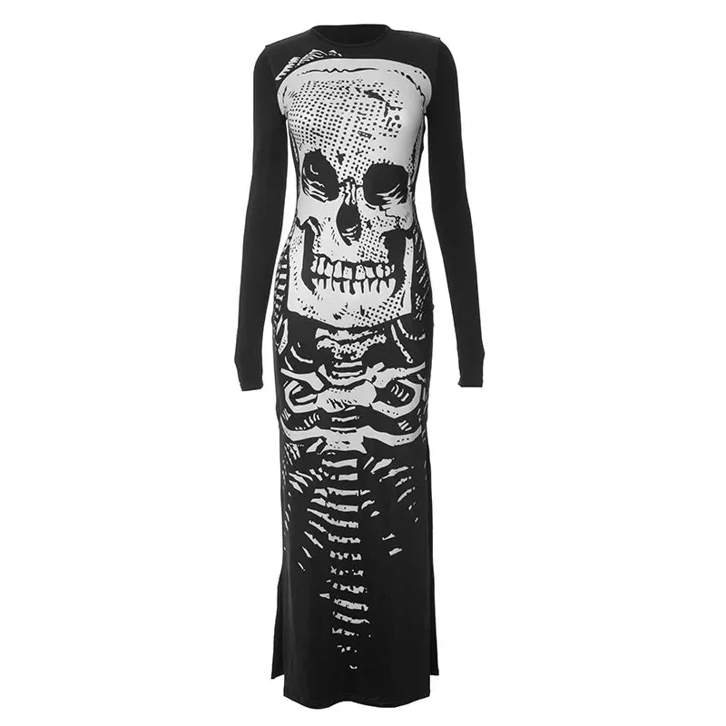 Skull Bones Skeleton Print O Neck Long Sleeve Split Casual Autumn Streetwear Maxi Dress