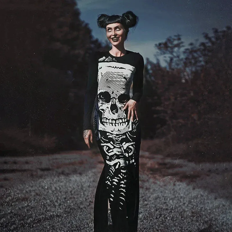 Skull Bones Skeleton Print O Neck Long Sleeve Split Casual Autumn Streetwear Maxi Dress