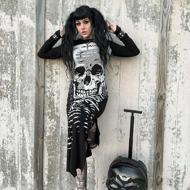 Skull Bones Skeleton Print O Neck Long Sleeve Split Casual Autumn Streetwear Maxi Dress