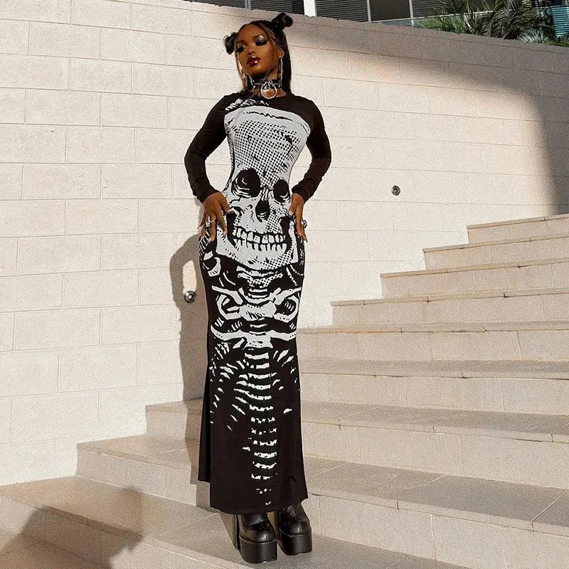 Skull Bones Skeleton Print O Neck Long Sleeve Split Casual Autumn Streetwear Maxi Dress