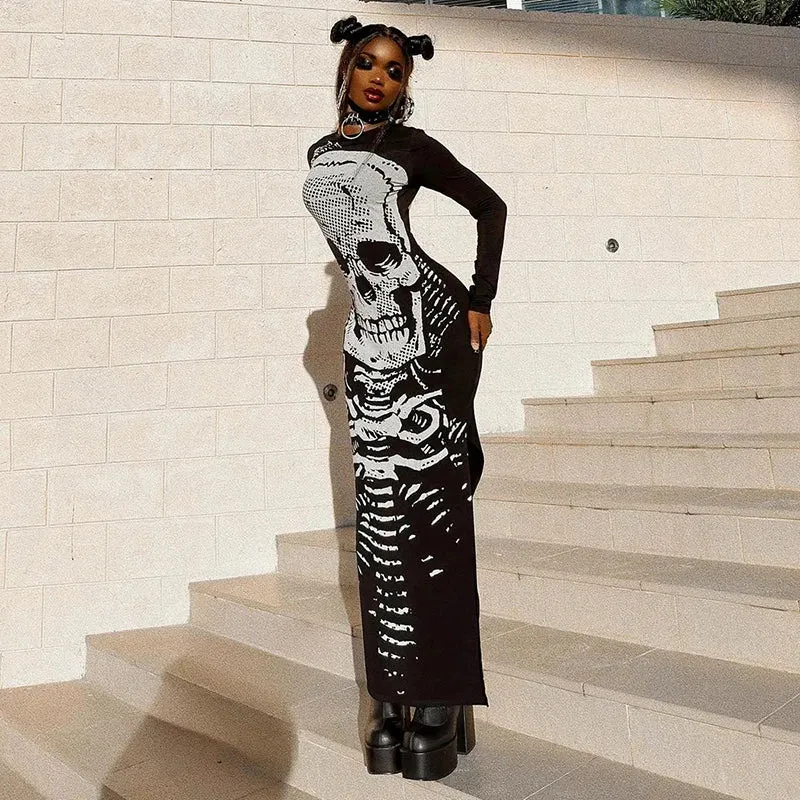 Skull Bones Skeleton Print O Neck Long Sleeve Split Casual Autumn Streetwear Maxi Dress