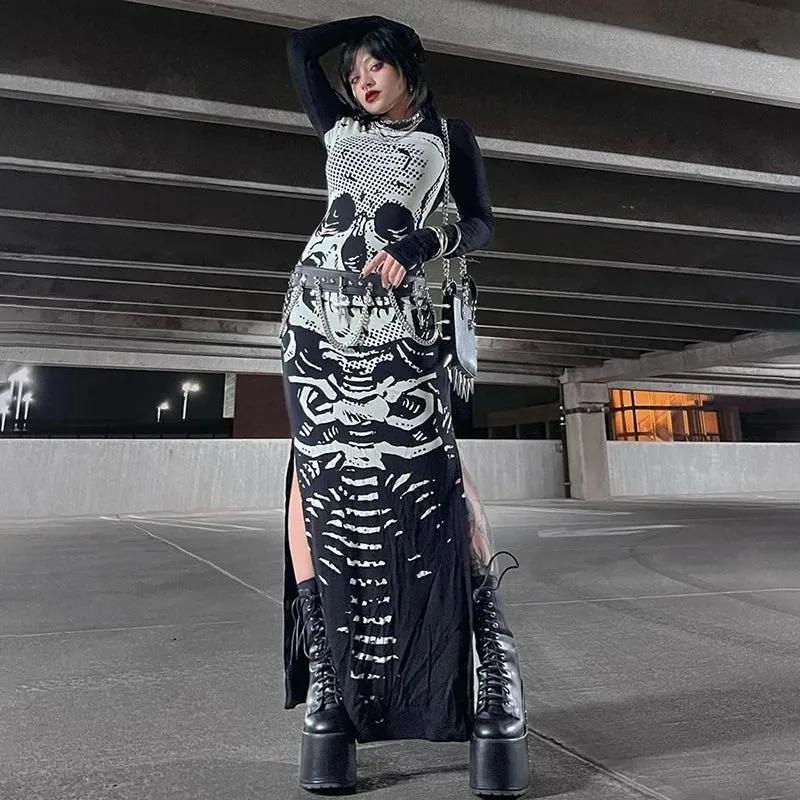 Skull Bones Skeleton Print O Neck Long Sleeve Split Casual Autumn Streetwear Maxi Dress