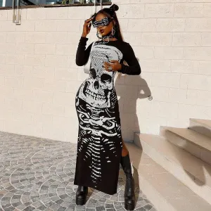 Skull Bones Skeleton Print O Neck Long Sleeve Split Casual Autumn Streetwear Maxi Dress