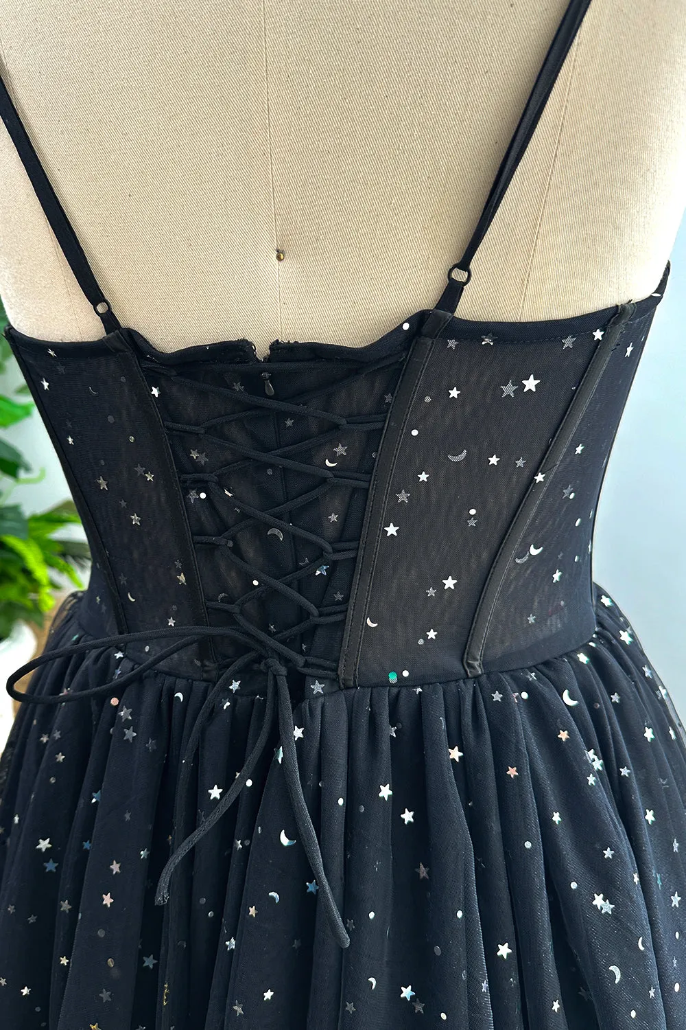 Spaghetti Straps Corset Silver Star Black Tulle Long Dress with Slit