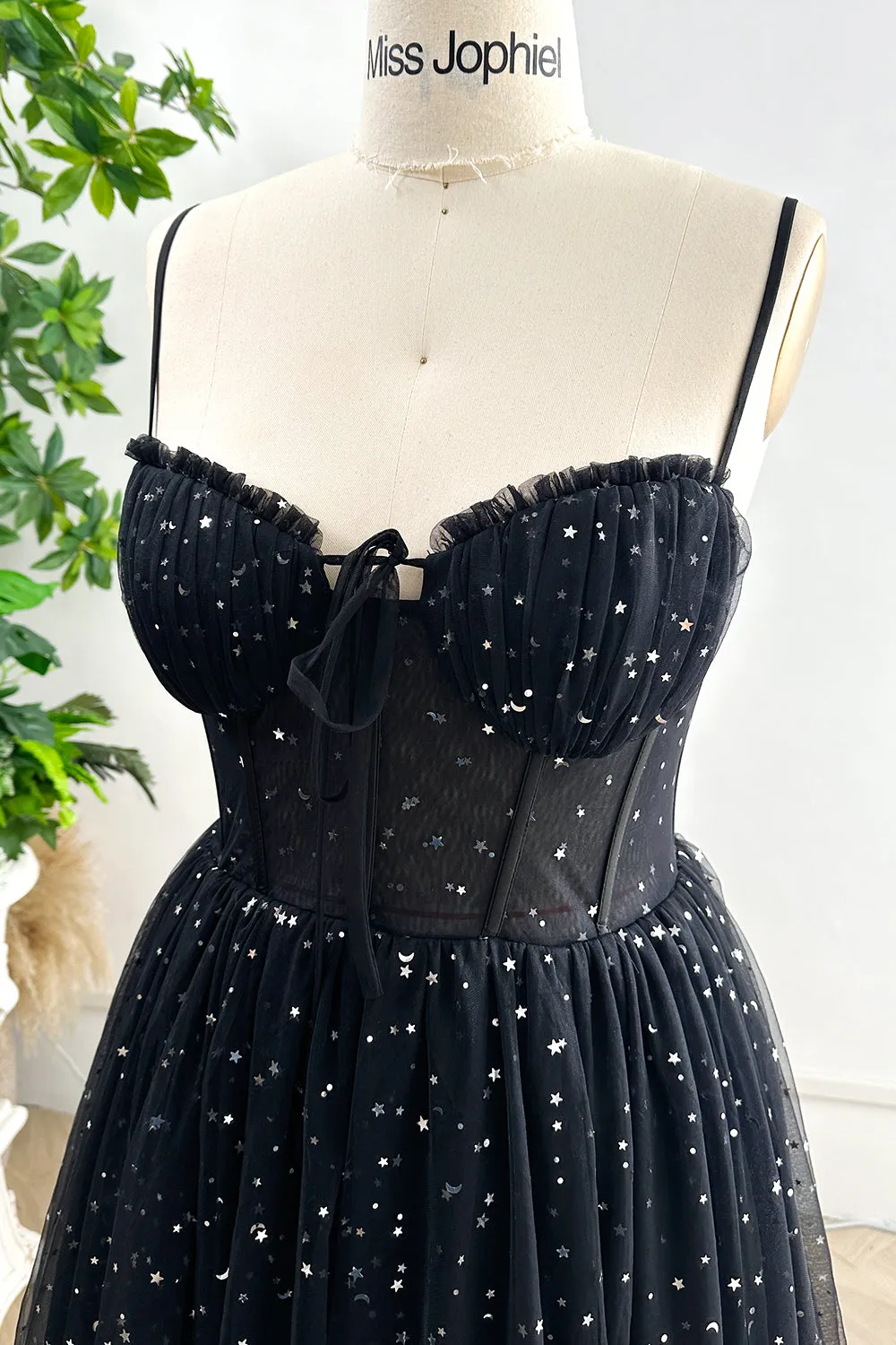 Spaghetti Straps Corset Silver Star Black Tulle Long Dress with Slit