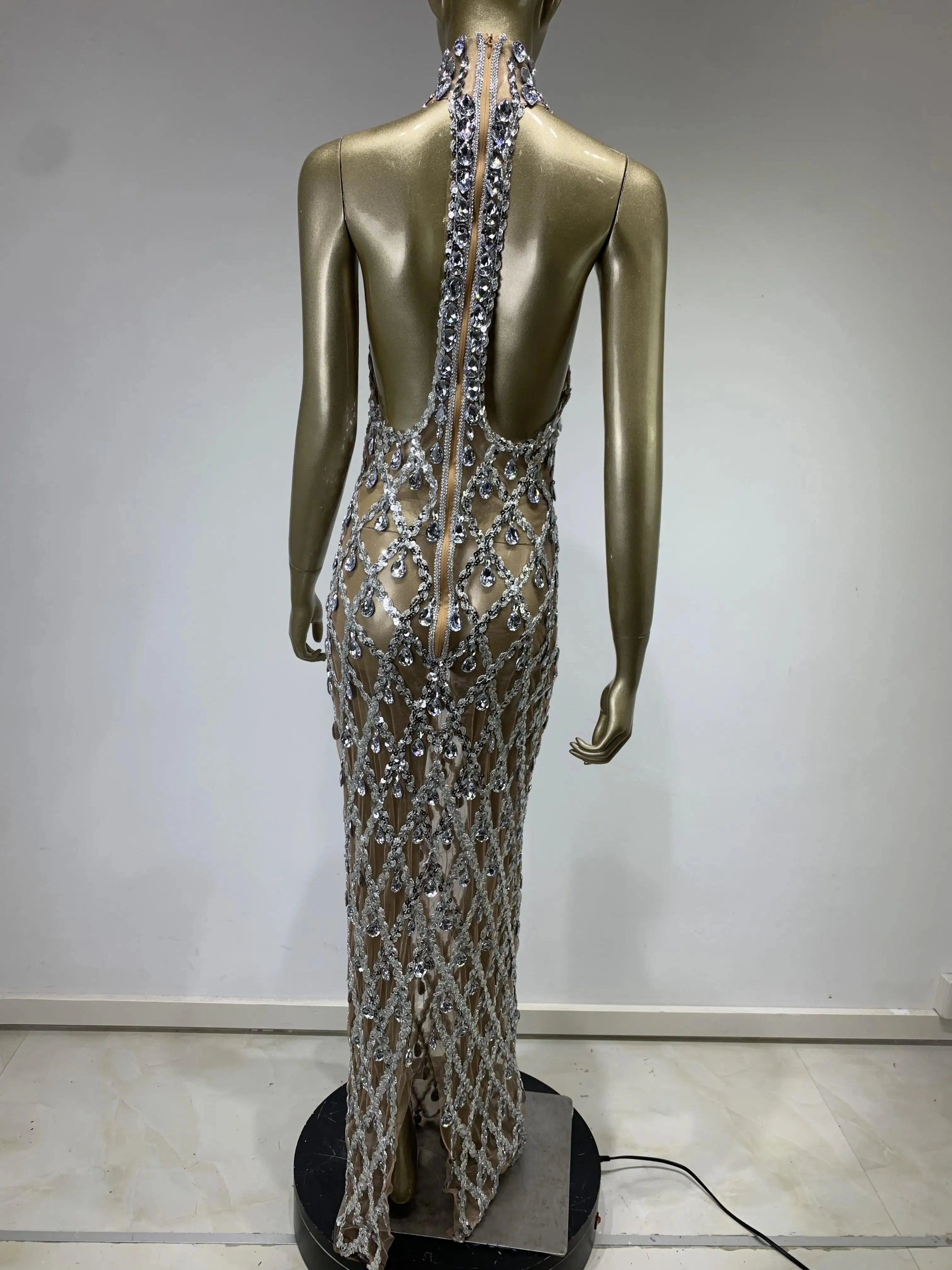 Stock Women Luxury Sexy Crystal Diamonds Beading Long Dress