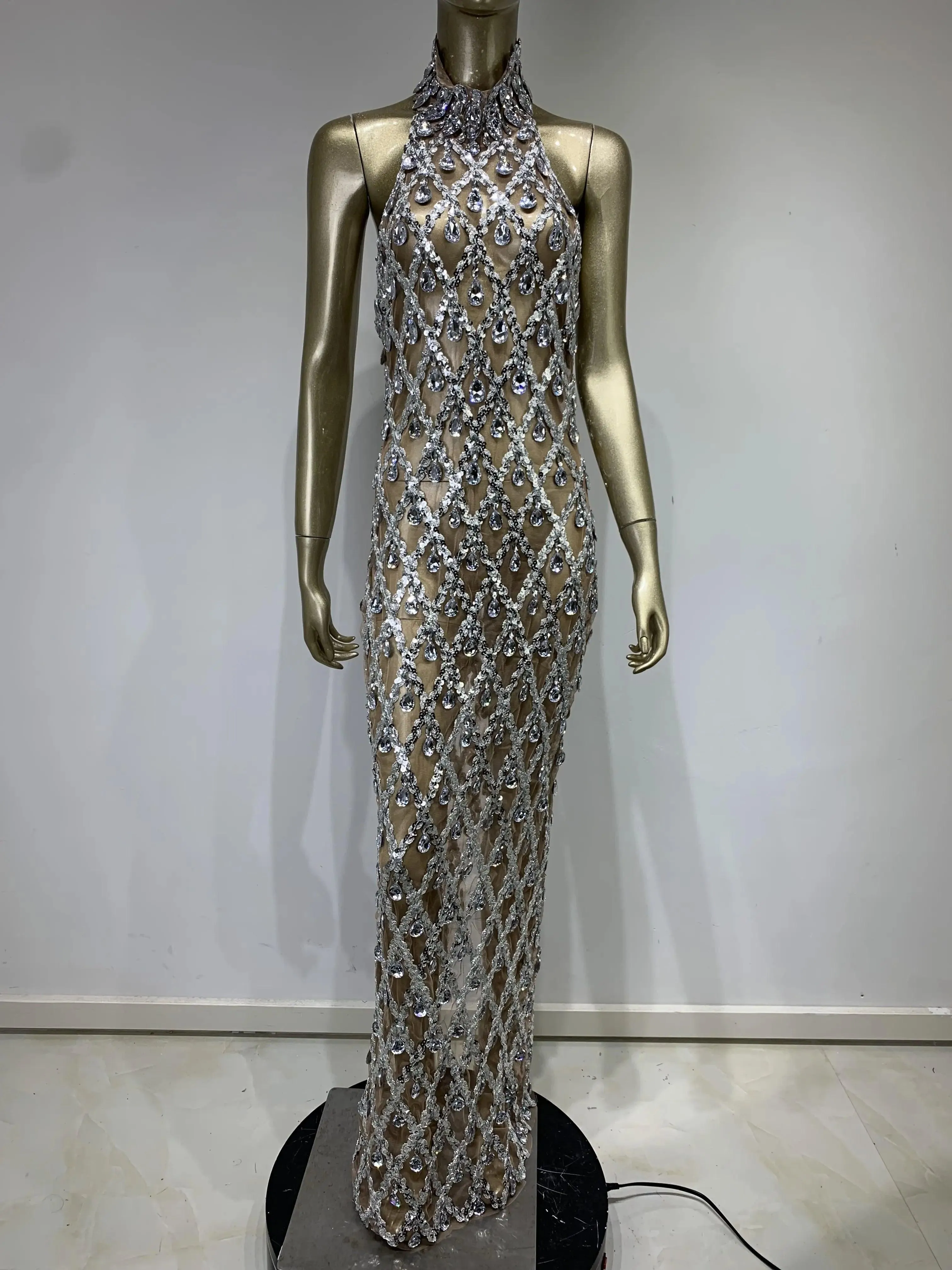 Stock Women Luxury Sexy Crystal Diamonds Beading Long Dress