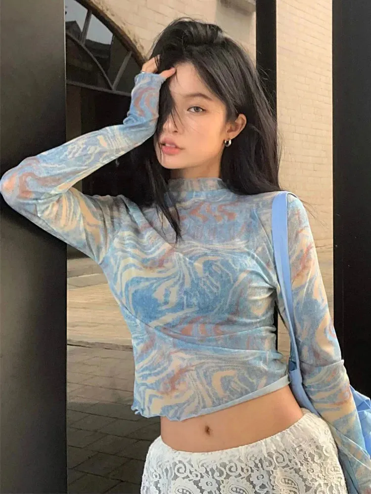 Streetwear Collar Stand-up Mesh Thin Tie-dye Slim Benuynffy Top Blouse