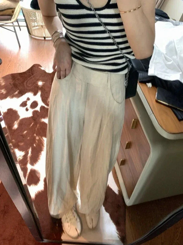 Summer Linen Pants Women Oversize Pleated Kpop High Waist Casual Trouser Pants