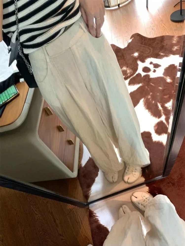 Summer Linen Pants Women Oversize Pleated Kpop High Waist Casual Trouser Pants