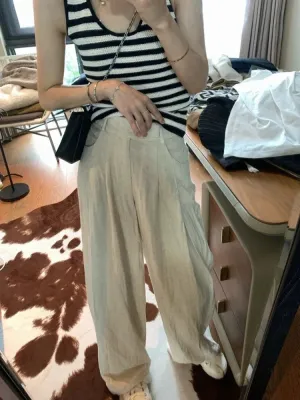 Summer Linen Pants Women Oversize Pleated Kpop High Waist Casual Trouser Pants