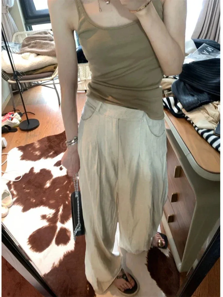 Summer Linen Pants Women Oversize Pleated Kpop High Waist Casual Trouser Pants