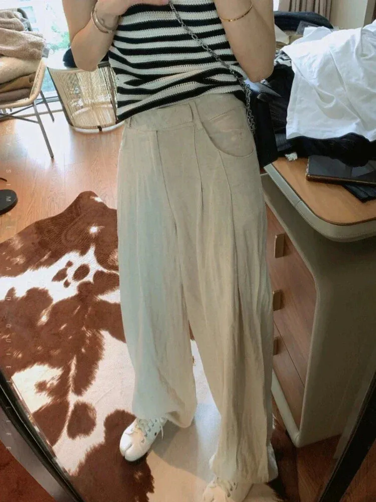 Summer Linen Pants Women Oversize Pleated Kpop High Waist Casual Trouser Pants