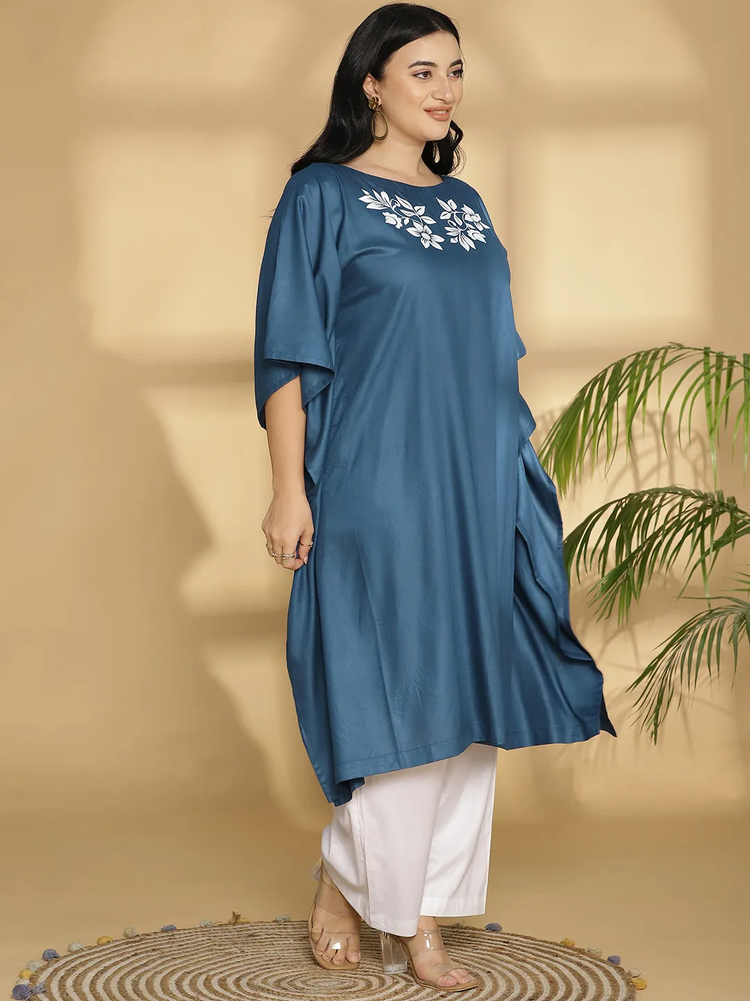 Teal Rayon Long-Kaftan - White petals