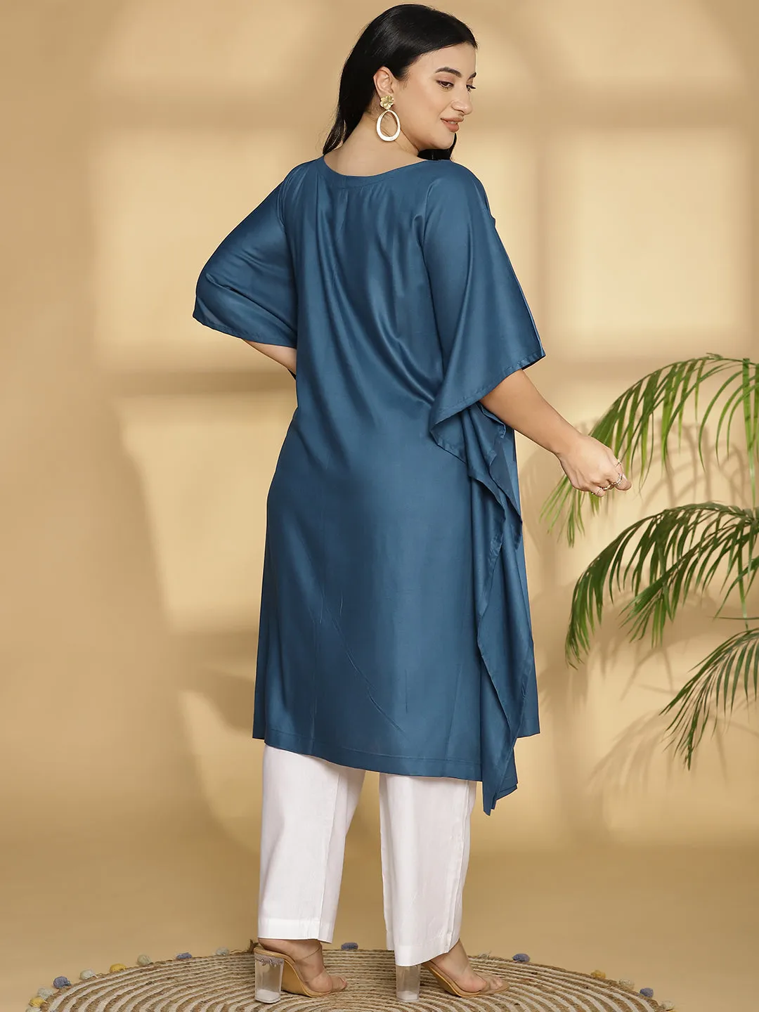 Teal Rayon Long-Kaftan - White petals