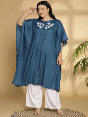 Teal Rayon Long-Kaftan - White petals