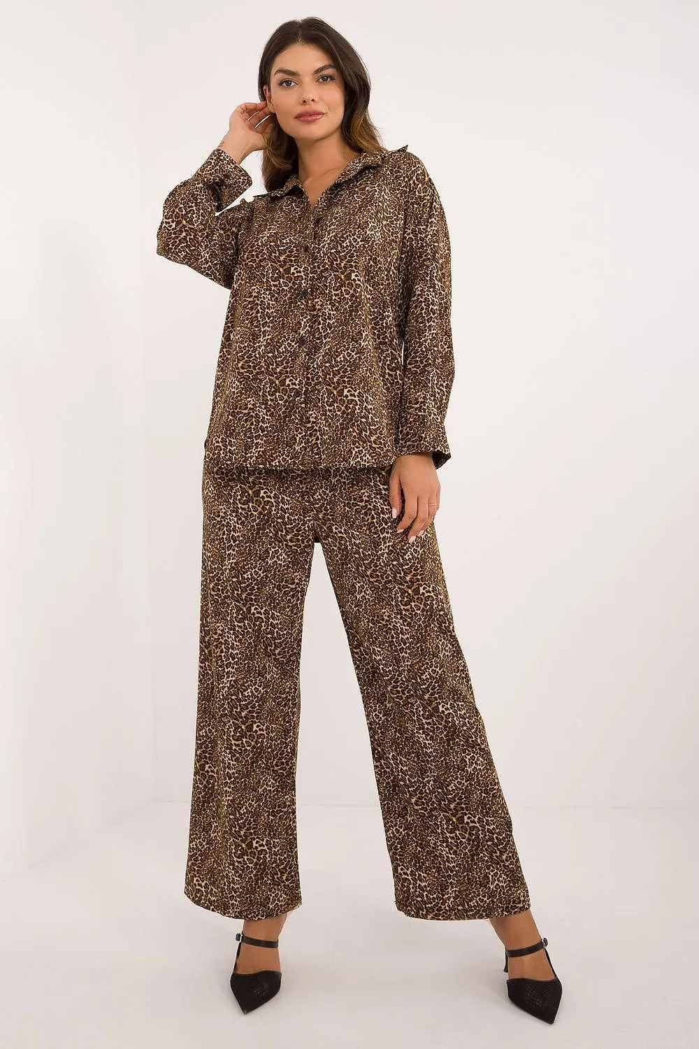 TEEK - Another Animal Patterned Button-Down Top Casual Pants Set