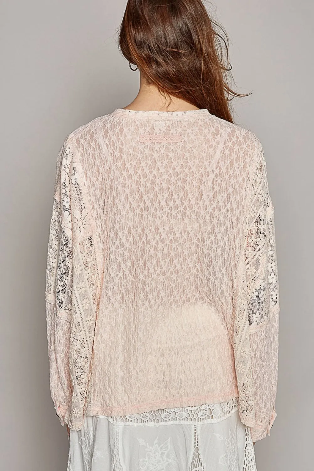 TEEK - Blush Round Neck Long Sleeve Raw Edge Lace Top