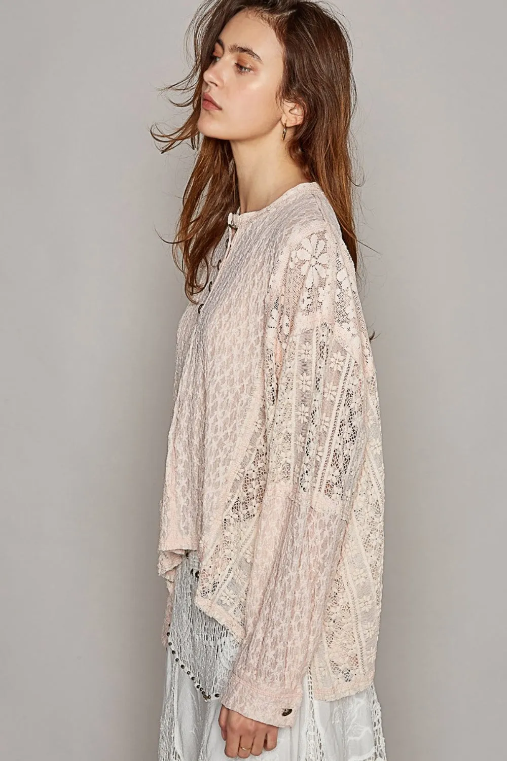 TEEK - Blush Round Neck Long Sleeve Raw Edge Lace Top