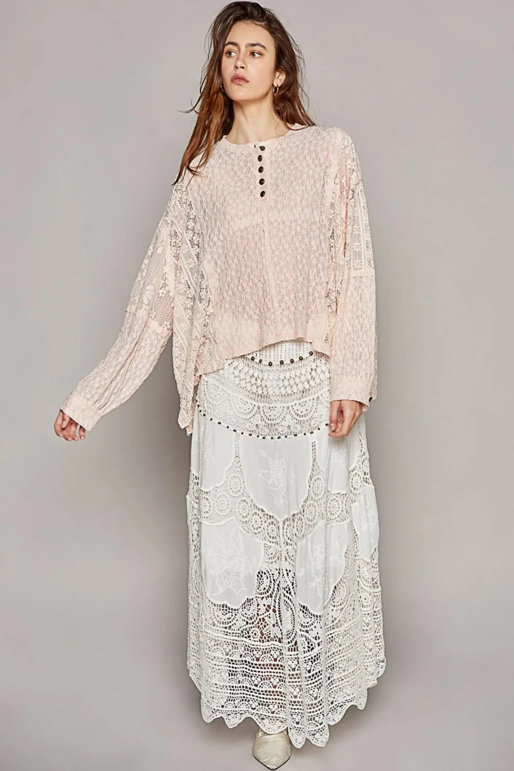 TEEK - Blush Round Neck Long Sleeve Raw Edge Lace Top