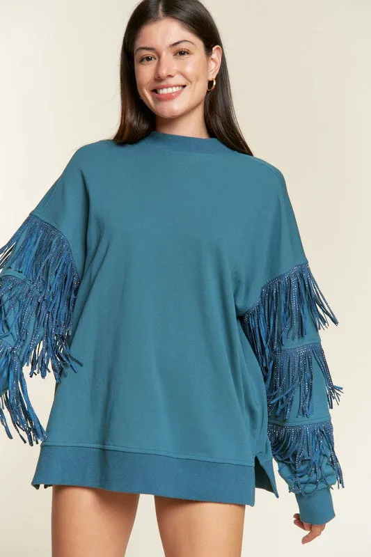 TEEK - Plus Size Silver Studded Fringe Sleeve Top