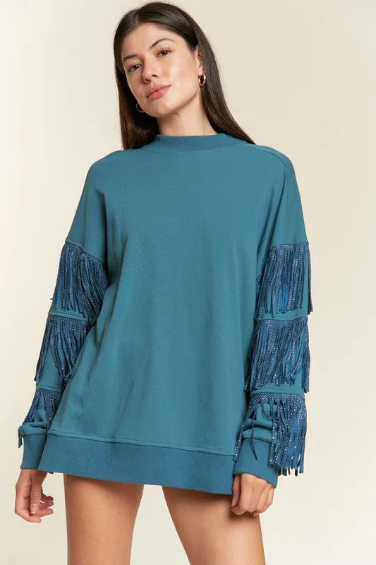 TEEK - Plus Size Silver Studded Fringe Sleeve Top