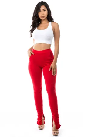 TEEK - RED SKINNY BOTTOM SLIT CASUAL PANTS