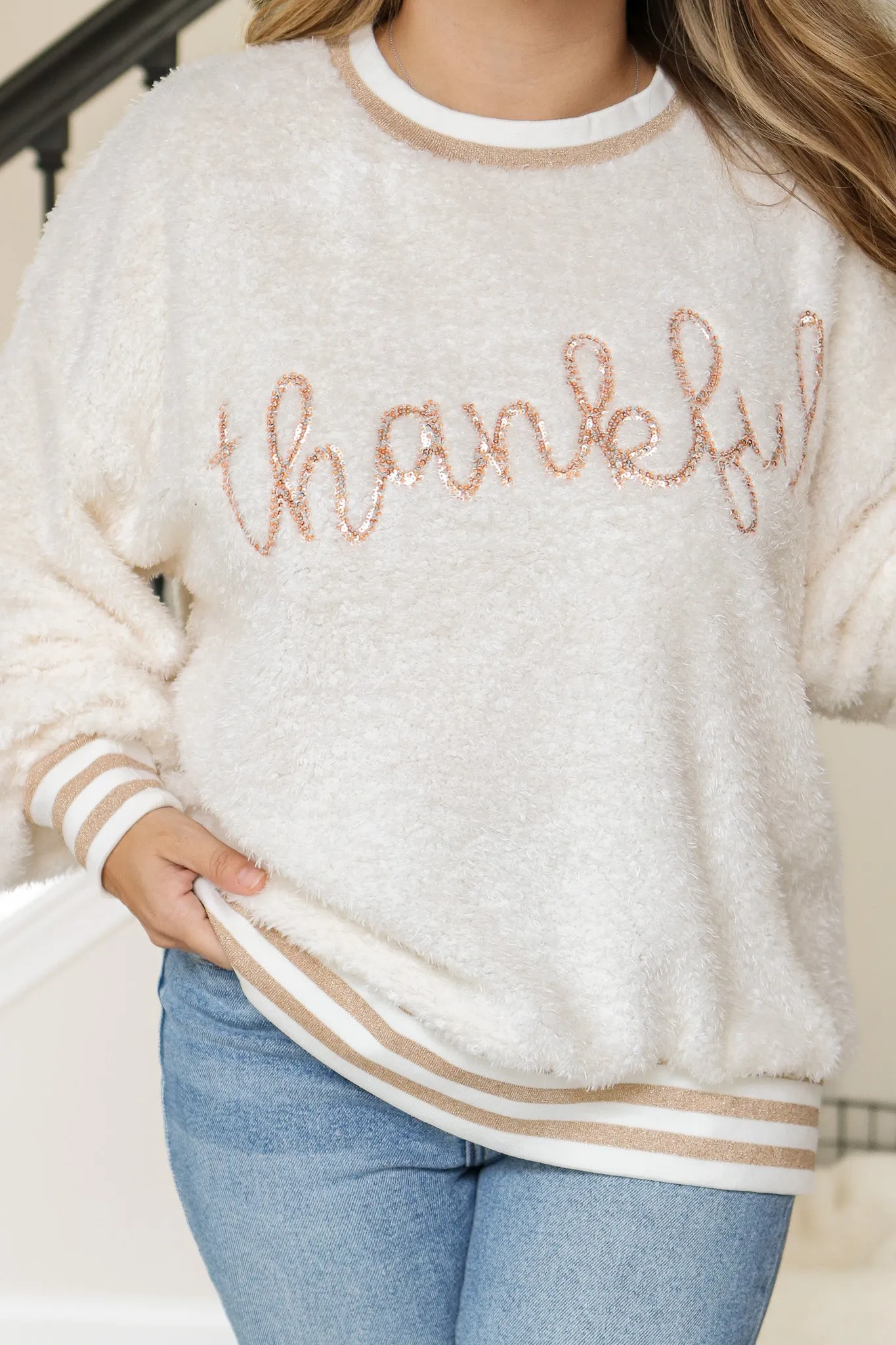 Thankful Embroidered Sequins Fuzzy Pullover