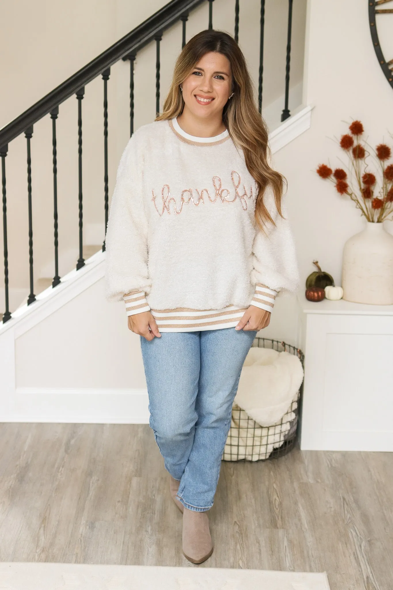 Thankful Embroidered Sequins Fuzzy Pullover