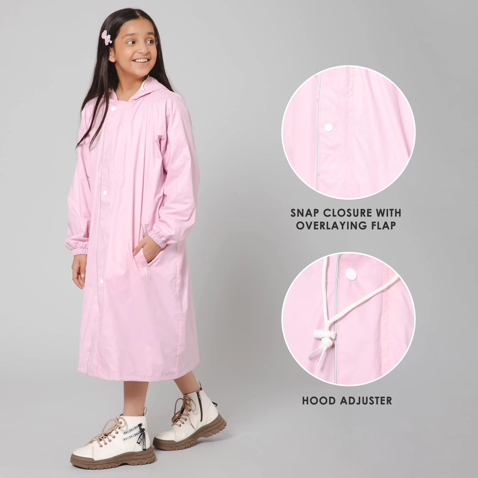 THE CLOWNFISH Cloud Chaser Series Kids Raincoat Waterproof Polyester Double Coating Reversible Longcoat with Hood and Reflector Logo at Back. Printed Plastic Pouch. Kid Age-7-8 years (Blush Pink)