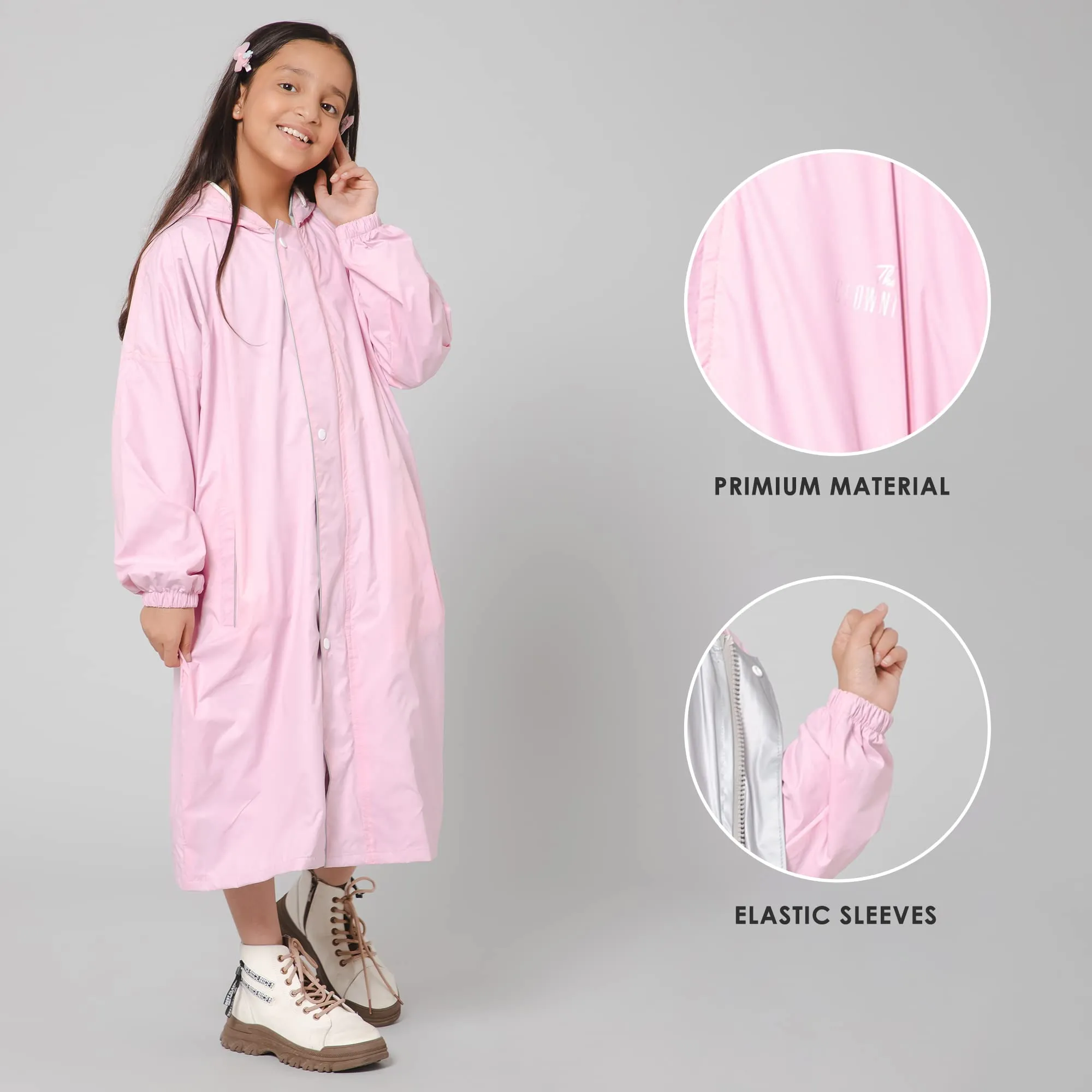 THE CLOWNFISH Cloud Chaser Series Kids Raincoat Waterproof Polyester Double Coating Reversible Longcoat with Hood and Reflector Logo at Back. Printed Plastic Pouch. Kid Age-7-8 years (Blush Pink)