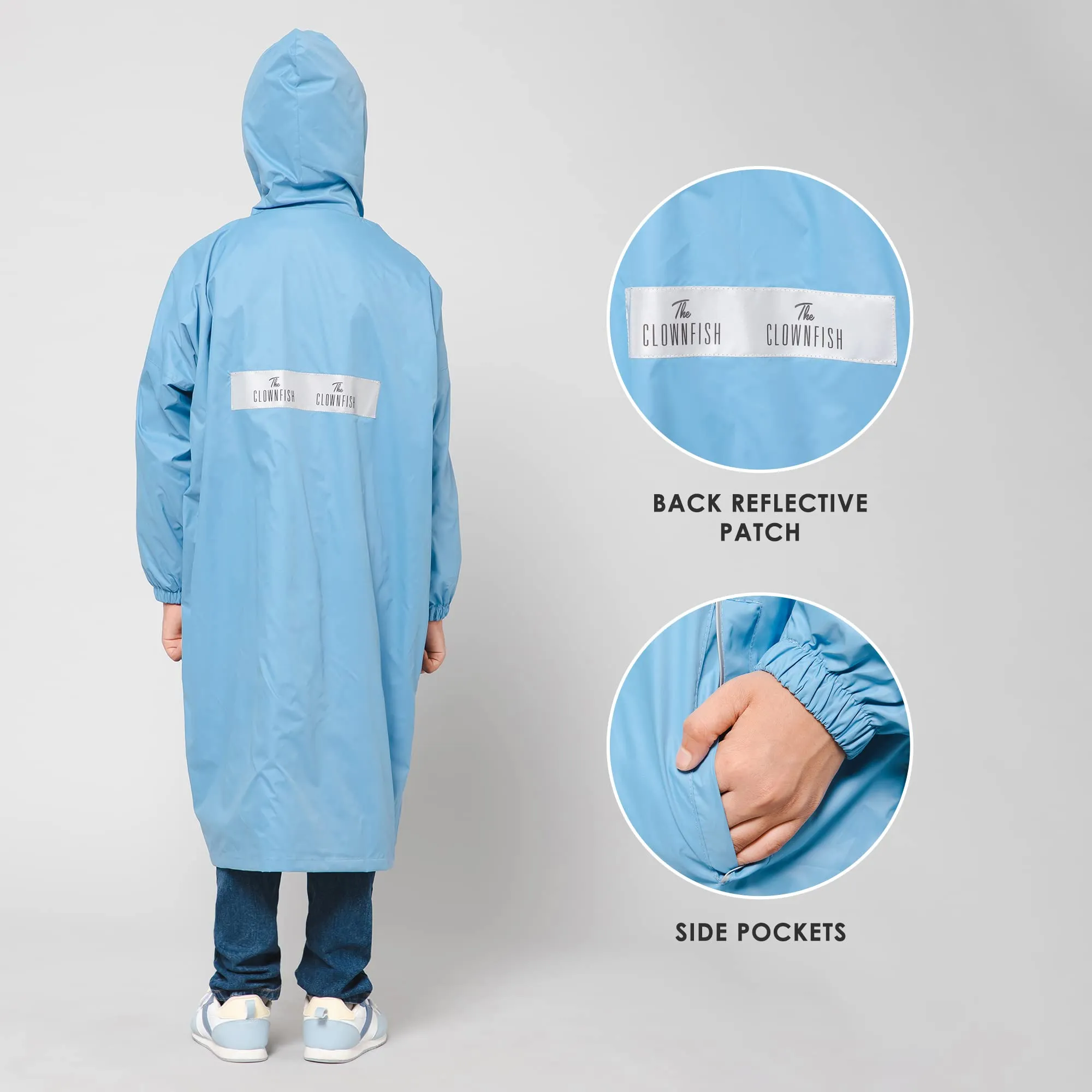 THE CLOWNFISH Cloud Chaser Series Kids Raincoat Waterproof Polyester Double Coating Reversible Longcoat with Hood and Reflector Logo at Back. Printed Plastic Pouch. Kid Age-7-8 years (Skyblue)