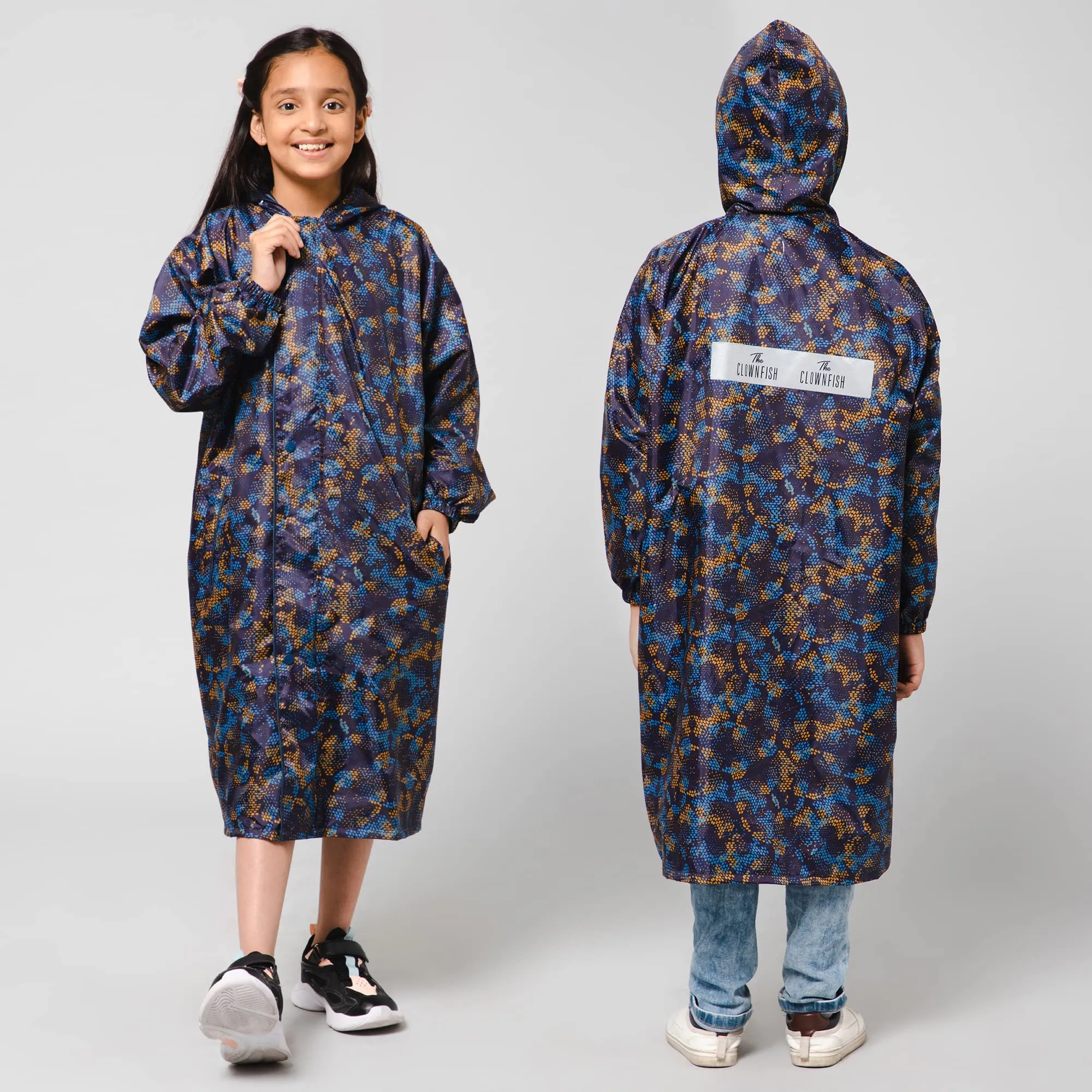 The Clownfish Drizzle Dot Series Kids Raincoat Waterproof Polyester Double Coating Reversible Longcoat with Hood and Reflector Logo at Back. Printed Plastic Pouch. Kid Age-11-12 years (Strawberry Red)