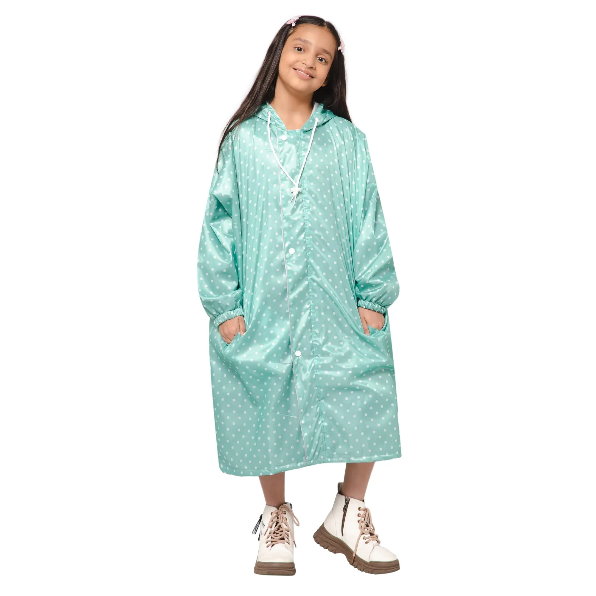 THE CLOWNFISH Drizzle Dot Series Kids Raincoat Waterproof Polyester Double Coating Reversible Longcoat with Hood and Reflector Logo at Back. Printed Plastic Pouch. Kid Age-13-14 years (Seafoam Green)