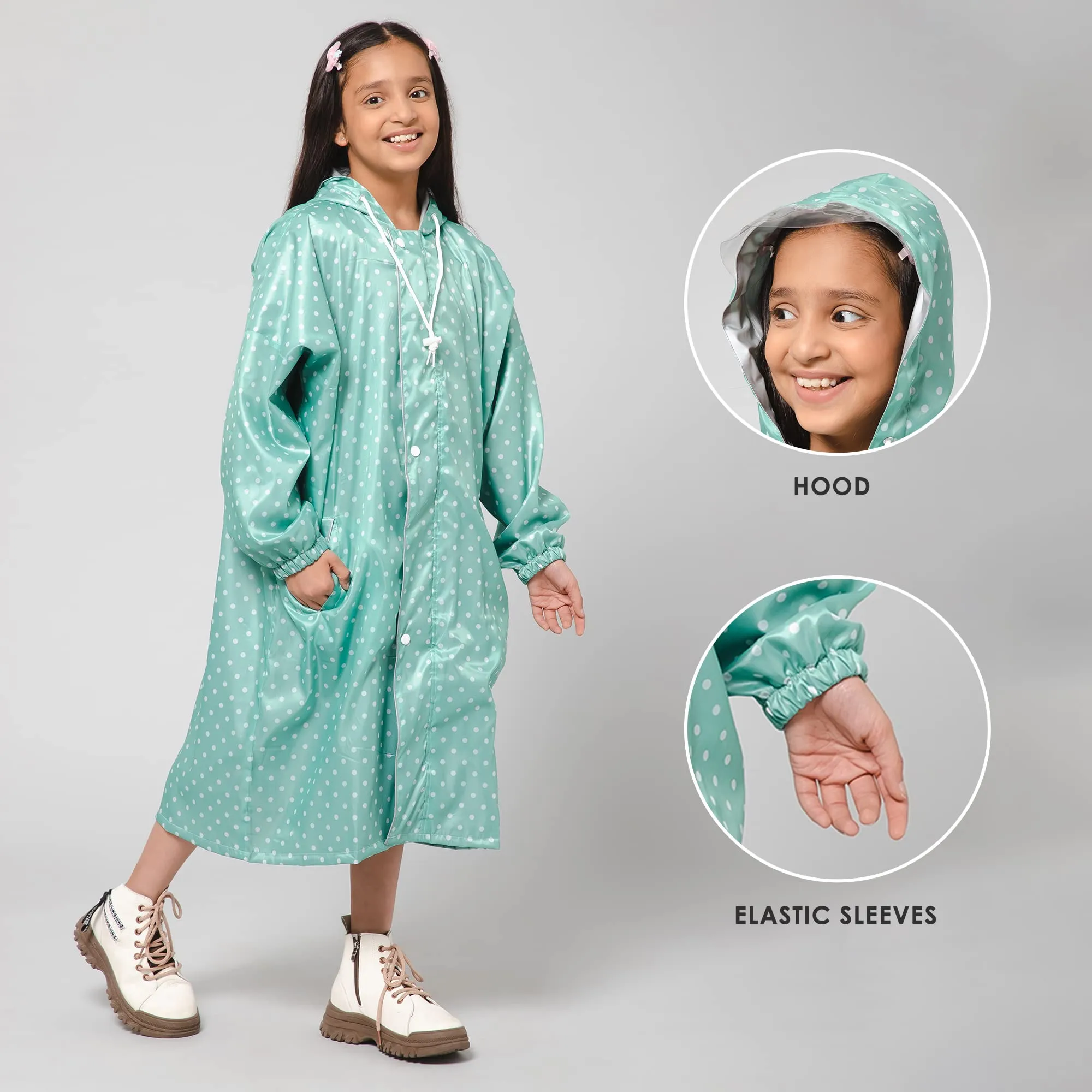 THE CLOWNFISH Drizzle Dot Series Kids Raincoat Waterproof Polyester Double Coating Reversible Longcoat with Hood and Reflector Logo at Back. Printed Plastic Pouch. Kid Age-13-14 years (Seafoam Green)