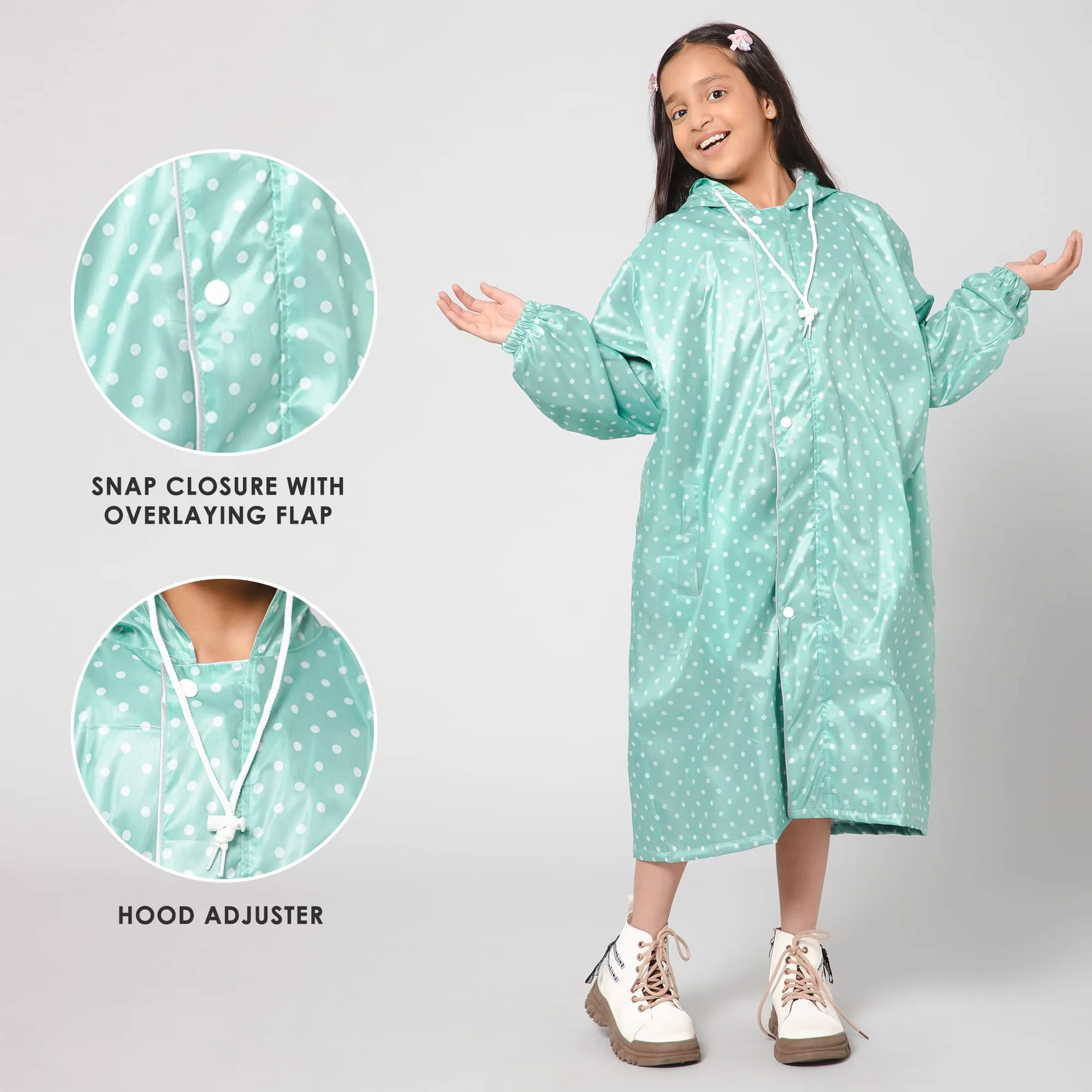 THE CLOWNFISH Drizzle Dot Series Kids Raincoat Waterproof Polyester Double Coating Reversible Longcoat with Hood and Reflector Logo at Back. Printed Plastic Pouch. Kid Age-13-14 years (Seafoam Green)