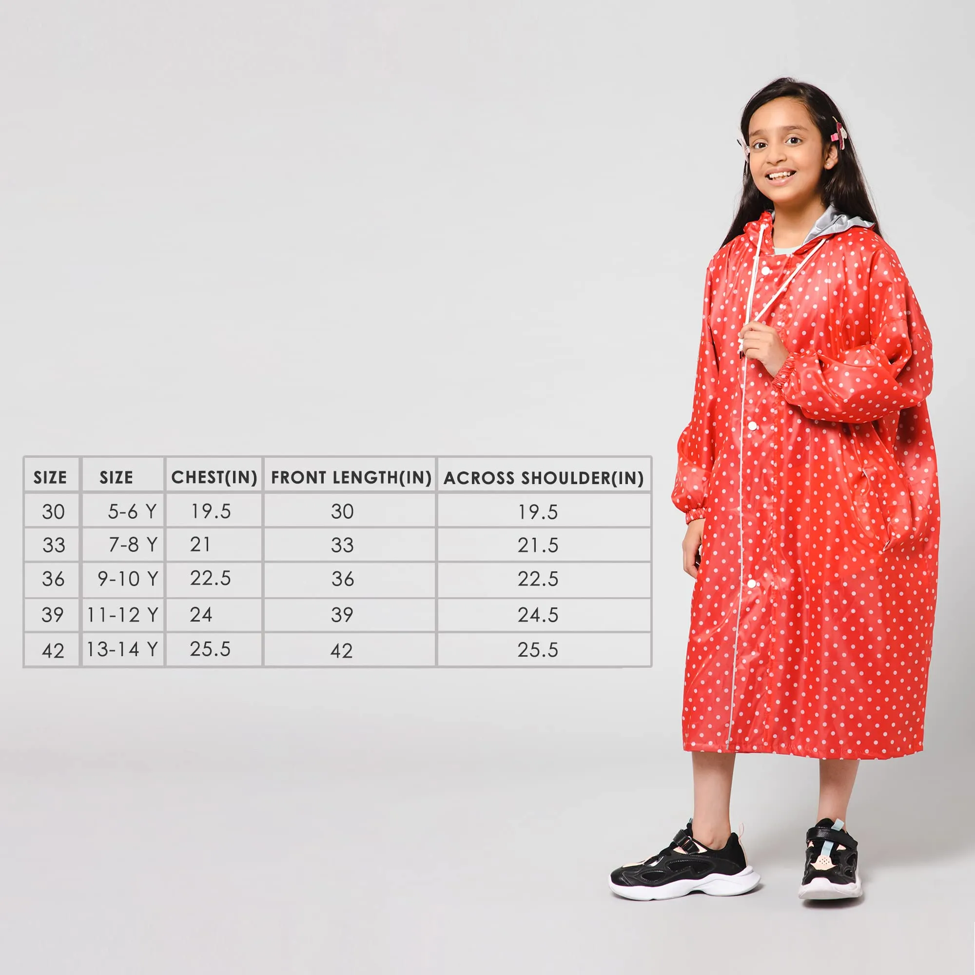 THE CLOWNFISH Drizzle Dot Series Kids Raincoat Waterproof Polyester Double Coating Reversible Longcoat with Hood and Reflector Logo at Back. Printed Plastic Pouch. Kid Age-5-6 years (Strawberry Red)