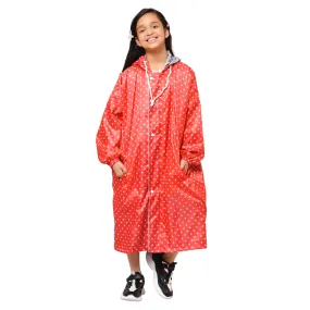 THE CLOWNFISH Drizzle Dot Series Kids Raincoat Waterproof Polyester Double Coating Reversible Longcoat with Hood and Reflector Logo at Back. Printed Plastic Pouch. Kid Age-5-6 years (Strawberry Red)