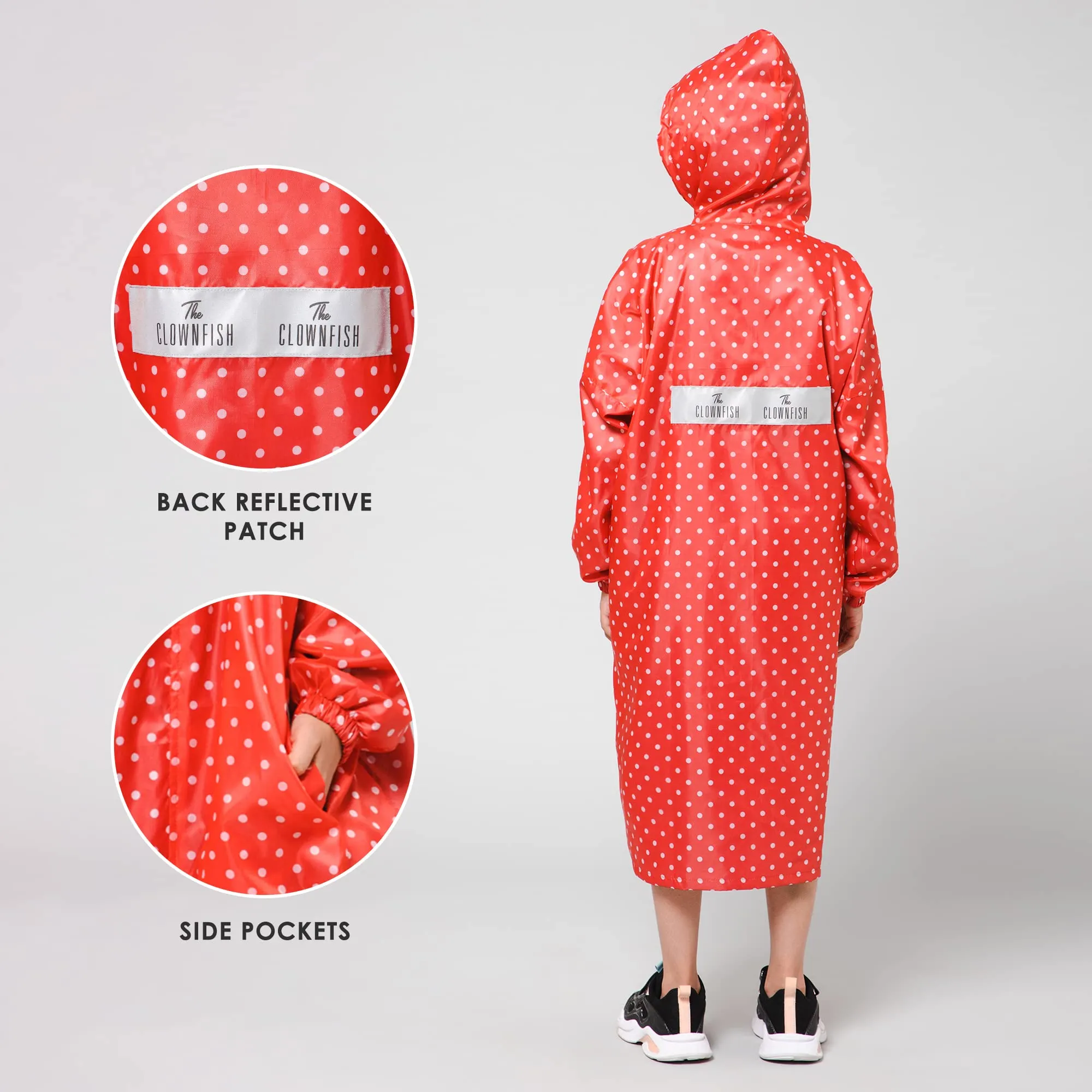 THE CLOWNFISH Drizzle Dot Series Kids Raincoat Waterproof Polyester Double Coating Reversible Longcoat with Hood and Reflector Logo at Back. Printed Plastic Pouch. Kid Age-5-6 years (Strawberry Red)