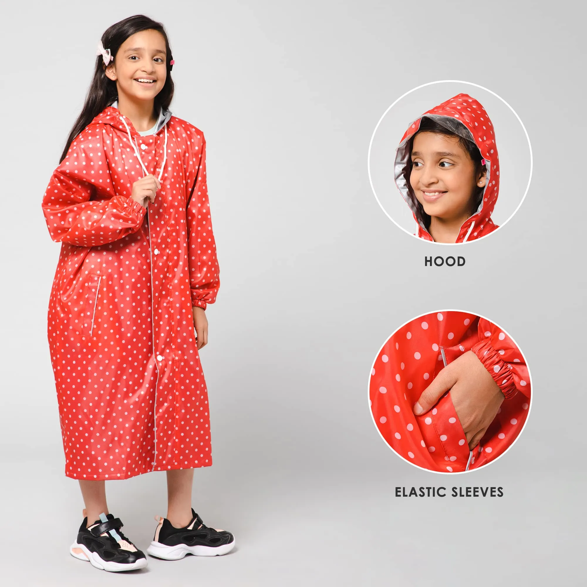 THE CLOWNFISH Drizzle Dot Series Kids Raincoat Waterproof Polyester Double Coating Reversible Longcoat with Hood and Reflector Logo at Back. Printed Plastic Pouch. Kid Age-5-6 years (Strawberry Red)