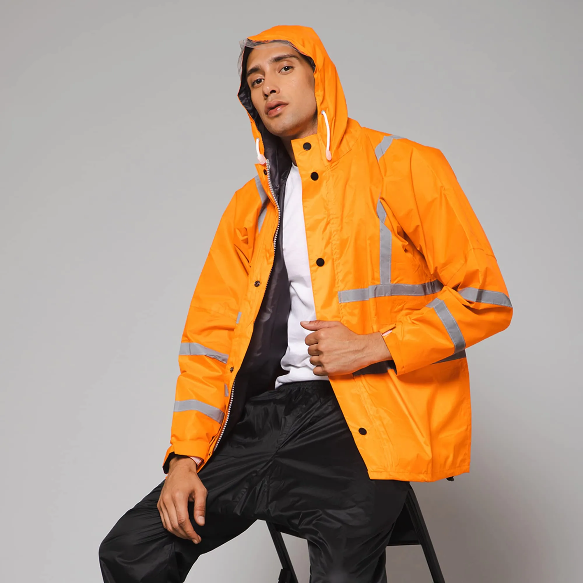 THE CLOWNFISH Leroy Series Rain Coat for Men Waterproof for Bike Raincoat for Men with Hood. Set of Orange Jacket with Black Trouser (XXX-Large)