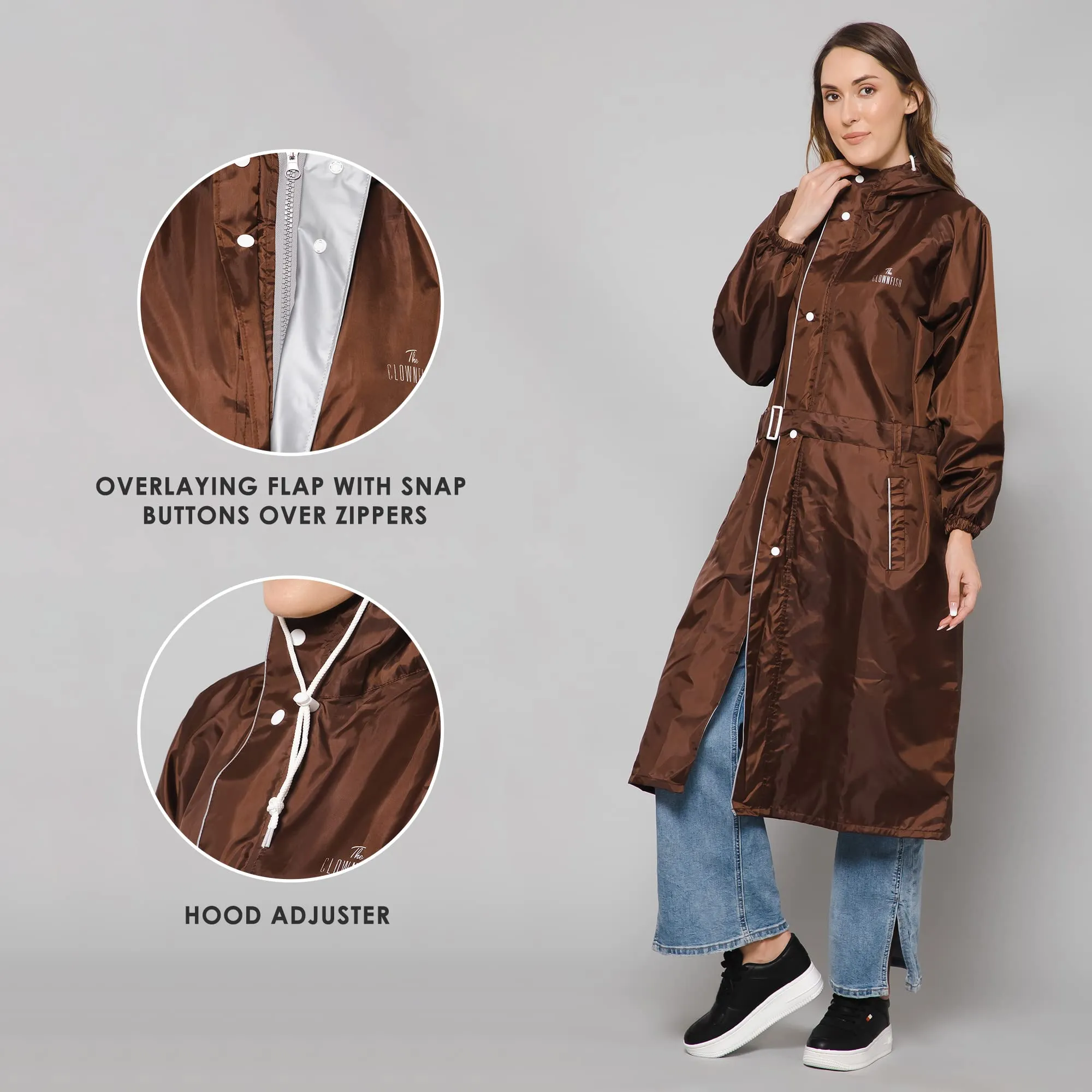 THE CLOWNFISH Polyester Raincoats For Women Raincoat For Ladies Waterproof Reversible Double Layer. Drizzle Diva Series (Brown, X-Large)