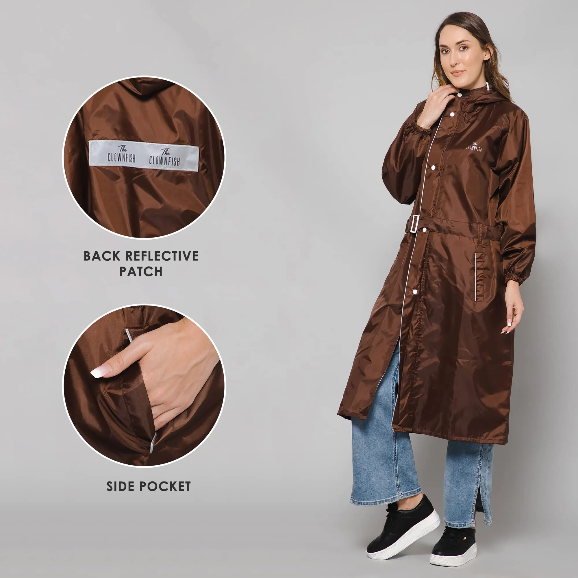 THE CLOWNFISH Polyester Raincoats For Women Raincoat For Ladies Waterproof Reversible Double Layer. Drizzle Diva Series (Brown, X-Large)