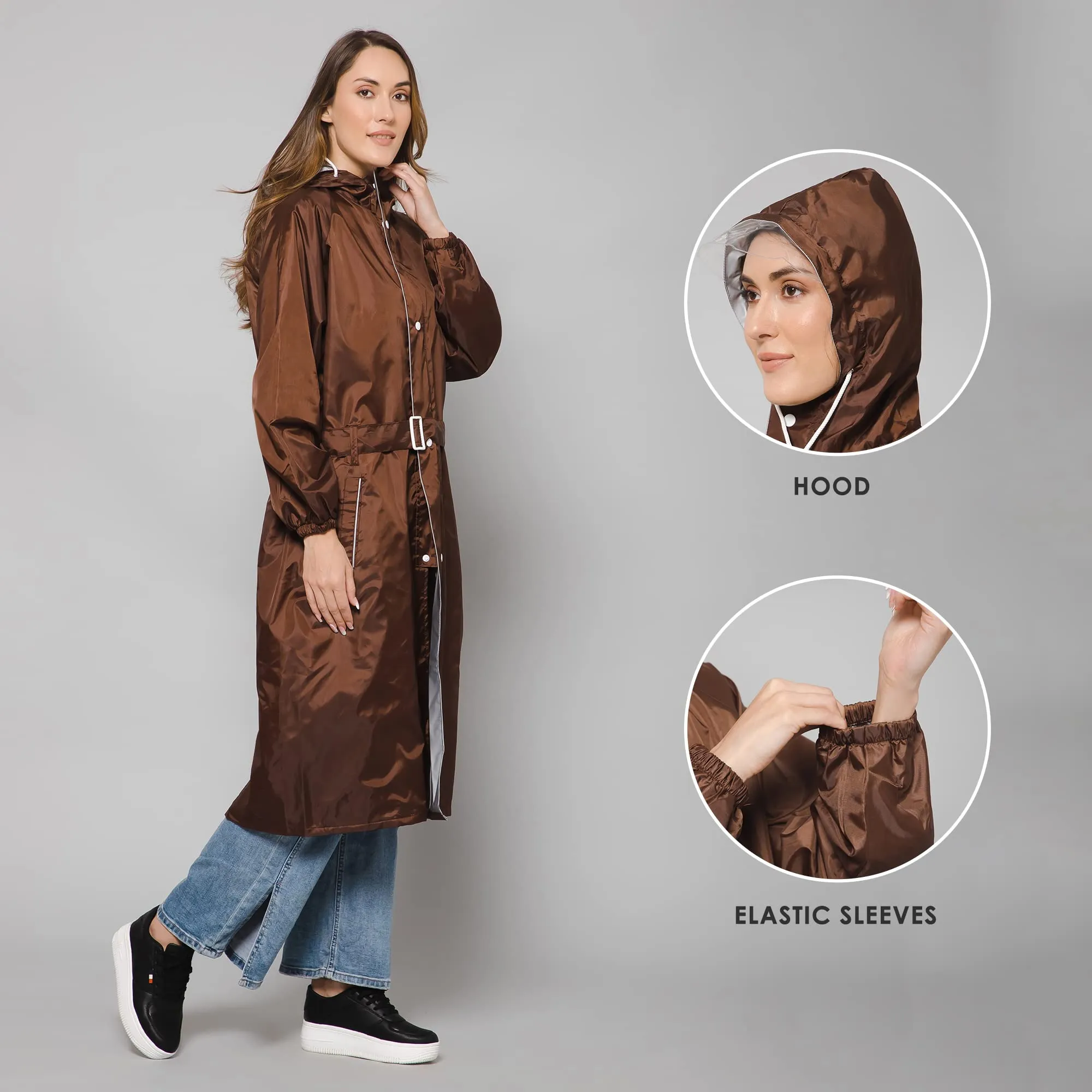 THE CLOWNFISH Polyester Raincoats For Women Raincoat For Ladies Waterproof Reversible Double Layer. Drizzle Diva Series (Brown, X-Large)